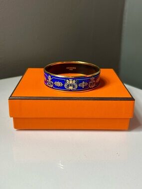 Hermes Emaille Blue Enamel Gold Plated Bangle Bracelet w/ Box